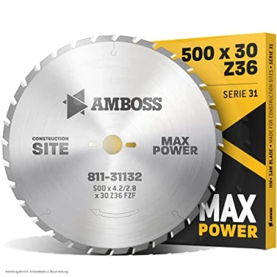 Image de AMBOSS Lame de scie circulaire HM, résistante aux ongles, diamètre 500 x 4 30 mm, pour une utilisation extrême chantiers construction, FWF (36 dents), à trous combinés