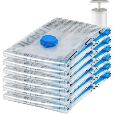 Image de Amazon Basics Lot de 6 housses rangement sous vide avec pompe manuelle Jumbo Transparent , Bleu, Fermeture éclair