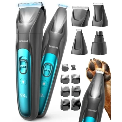 Image de oneisall 4 en 1 Tondeuse Chien Chat Professionnelle Sans Fil, Poil Long Epais Lumière LED, Toilettage pour 2000mAh Rechargeable, Animaux Rasoir à et Pattes (Bleu)