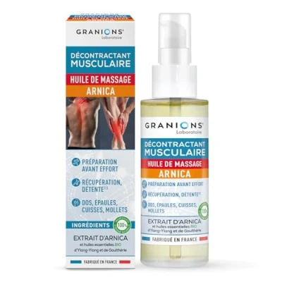 Image de Granions Huile DE MASSAGE ARNICA DÉCONTRACTANT MUSCULAIRE Essentielle Ylang et Gaulthérie BIO Préparation Récupération Sportive, Avant Après Effort Fabriqué en France 100 ml