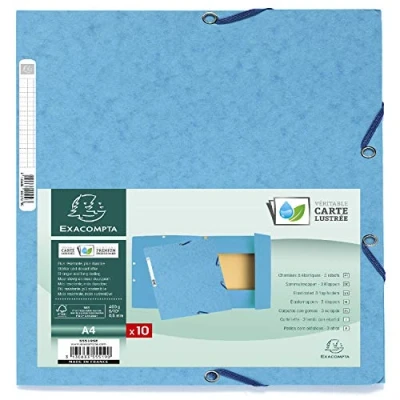 Image de Exacompta Réf. 55519SE Paquet de 10 chemises à élastiques pochettes 3 rabats en carte lustrée 400 g/m2 dimensions 24 x 32 cm pour documents au format A4 couleur turquoise