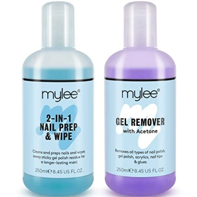 Image de Mylee Prép et nettoyant + Dissolvant qualité salon, Manucure pédicure avec systèmes UV LED, professionnel à l’acétone pour tout type d’ongles, Double usage nettoyer l’ongle enlever la couche adhésive 2x250ml