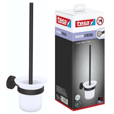 Image de tesa® MOON BLACK Ensemble WC Support et Brosse WC, Noir Mat, Verre Satiné Salles de Bains Modernes Style Industriel Sans Perçage 379 mm x 112 145