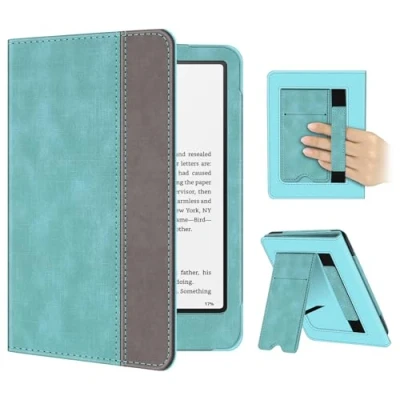 Image de FINTIE Étui pour 7&quot; Kindle Paperwhite 2024 (12e Génération) et Colorsoft Signature Edition (1re Génération), Coque avec Béquille, Compartiment Cartes Dragonne, Turquoise