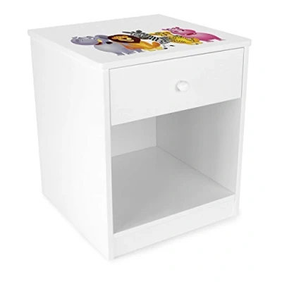 Image de Leomark Chevet avec Un tiroir Blanc Table de Nuit casier 1 et Niche Hauteur 40 cm Motif Animaux Sauvages Eléphant Lion Tigre