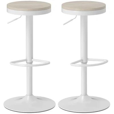 Image de HOMCOM Lot de 2 tabourets Bar, chaises Bar pivotantes, Chaise Haute Cuisine Moderne avec Assise en hévéa, Hauteur réglable et Repose Pieds, Cadre Acier, Blanc