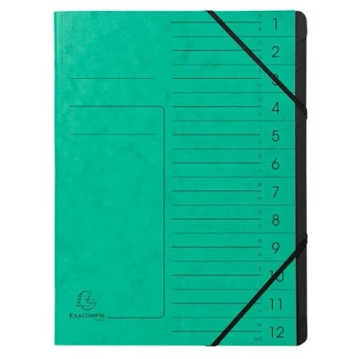 Image de Exacompta Réf. 541203E 1 trieur dos agrafé avec élastiques couverture imprimée en carte lustrée et intérieur recyclée noire 12 compartiments dim 24,5 x 32 cm A4 couleur vert