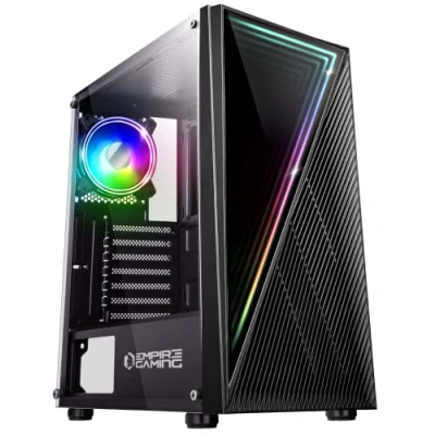 Image de EMPIRE GAMING Boîtier PC Gamer Crystal ARGB Moyenne Tour ATX, Micro ATX et ITX Façade 3D Effet Miroir Ventilateurs 1 x 120mm 3 Pins 5 Volts LED RGB Adressable Standard Noir