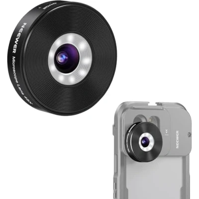 Image de NEEWER Microscope de téléphone 45X Uniquement pour Plaque arrière filetée 17 mm, Objectif Zoom Rechargeable avec Batterie 50 mAh, lumière LED, câble Type C Compatible iPhone Samsung Cage