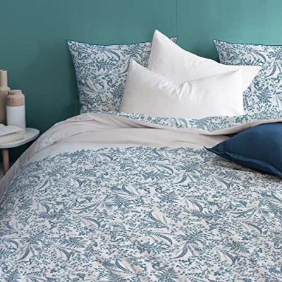 Image de MATT &amp; ROSE Parure de Lit 220x240 cm Imprimée VÉGÉTALIS 100% Coton Oeko Tex Housse Couette + 2 Taies d&#039;oreiller 65x65 Bleu Vert, Blanc