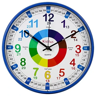 Image de Kiddus Horloge Murale Éducative pour Enfants, Garçon, Fille. Diamètre 30 cm.Time Teacher Analogique avec Exercices. Mécanisme en Quartz Silencieux. English XL Blue