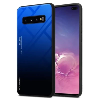 Image de cadorabo Housse Compatible avec Samsung Galaxy S10 Plus en Bleu Noir Coque de Protection Bicolore Silicone TPU et Dos Verre trempé