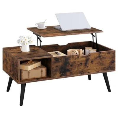 Image de WOLTU Table Basse Relevable, de Salon, avec Espace Rangement Intérieur et Compartiment Ouvert, 100x50x(43 57) cm, Marron Rustique, BTS26vbn