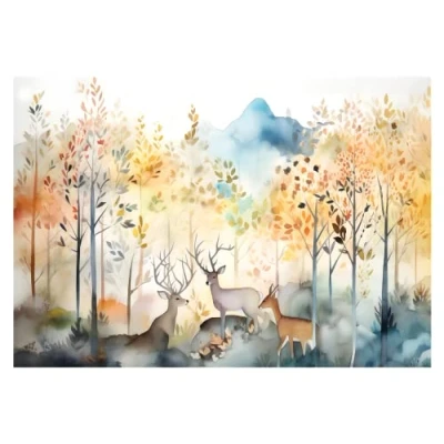Image de WTD Mantiburi Papier peint photo pour chambre d&#039;enfant Motif animaux de la forêt cerf pastel avec colle incluse 368 x 254 cm