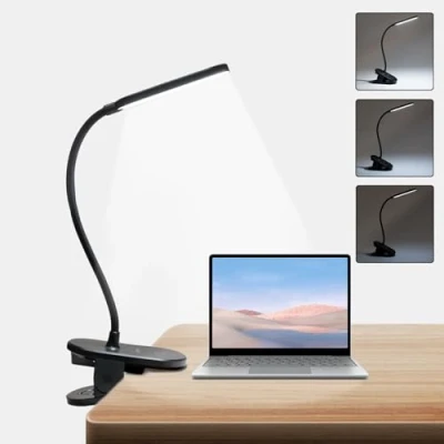 Image de LQWELL® Lampes Lecture À Pince LED AlimentÉE Par Batterie, Protection Des Yeux, 3 Niveaux De LuminositÉ Et Flexible 360 Lampe Bureau Clipsable Pour TÊTe Lit Bbureau (Noir)