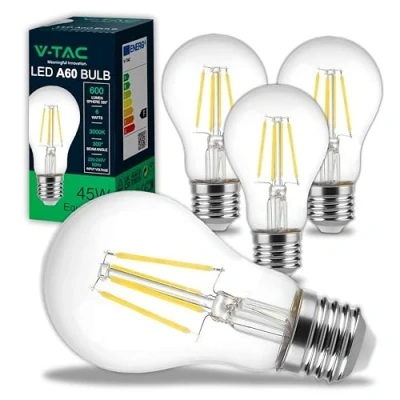 Image de V TAC 4x Ampoules LED Filament E27 A60 6W (équivalent 45W) 600 Lumen Ampoule Verre Efficacité Maximale et Économie d&#039;Énergie 3000K Blanc Chaud