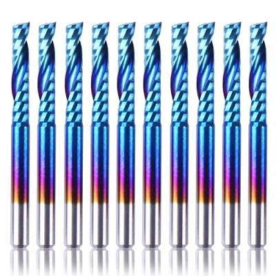 Image de SainSmart Genmitsu lot de 10 fraises à queue plate revêtement nano bleu CNC, tige spirale 1/8&quot;, 1 flûte (3,175 x 17 38 mm)