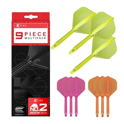 Image de Target Darts K Flex Integrated Dart Flights and Shafts, Tige Moyenne (33mm), No.2 Flight, Paquet de 9, Rose Fluo, Orange et Jaune