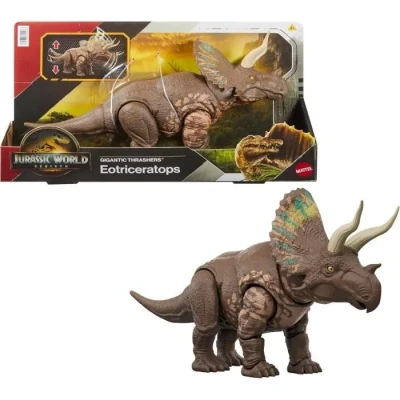 Image de Mattel Jurassic World: Renaissance, Méga Prédateurs Eotriceratops Figurine de dinosaure issu d’une espèce géante, 2 coups dévastateurs activés grâce à sa queue, jeu virtuel, JGB93