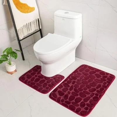 Image de ele ELEOPTION Ensemble de Tapis Bain Autoportant Antidérapant, en Mousse à Mémoire Forme Doux et Confortable Respirant, Absorbant l&#039;eau (Rouge Vin)