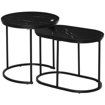 Image de HOMCOM Lot de 2 Tables Basses d&#039;appoint gigognes en métal et Plateau MDF Aspect marbre Table Ronde Ovale Noir
