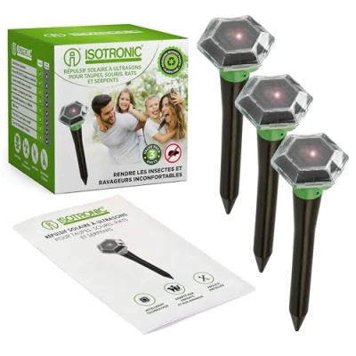 Image de ISOTRONIC® Taupe Deterrer Solaire, dissuasif Efficace Contre Les Taupes, Souris, Fourmis, Rats, et Le Serpent Répulsif à Haute fréquence pour l&#039;extérieur, 3 pièces