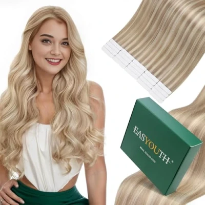 Image de Easyouth Extension Cheveux Naturel Adhesif 50 cm Blond de Adhesive Vrais Tape Highlight Gris Doré avec Blanchi 50g 20Pcs