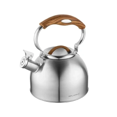 Image de FLORINA JOE Bouilloire (2,5 l) I en Acier Inoxydable à Sifflet avec Poignée Soft Touch Imitation Bois Adaptée pour Plaque Induction, Gazinière, Électrique Argent