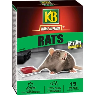 Image de Raticide KB HOME DEFENSE Rat pâte 15x10g Action radicale Lieux secs et humides Gants offerts