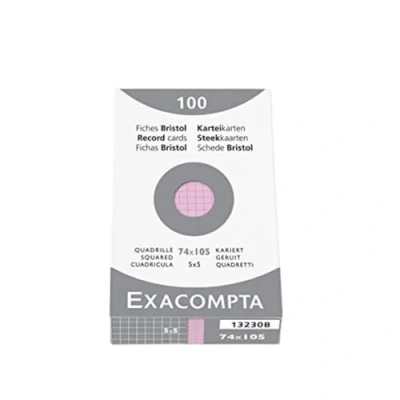 Image de Exacompta Réf. 13230B Étui de 100 fiches bristol quadrillées 5x5 non perforées format 74 x 105 mm compatibles avec imprimante jet d&#039;encre, laser et photocopieur couleur rose