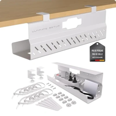 Image de Premium Cache Cable Bureau sans percer Management Range Flexible Chemin de Grande capacité Charge (Blanc, Lot 1)