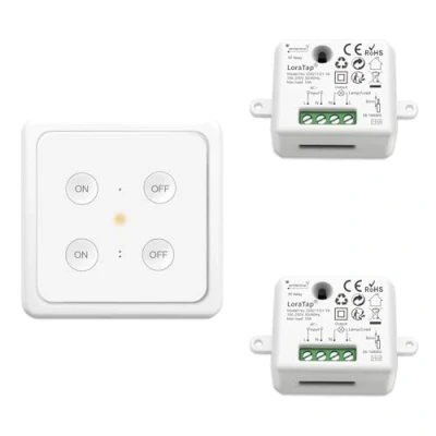 Image de LoraTap Kit Interrupteur Mural Sans Fil, 1 Commande + 2 Récepteurs Radio 868Mhz, Portée 200M, Va et Vient, Commutateur à Distance, Télécommande ON/OFF Pour Eclairage Lampe