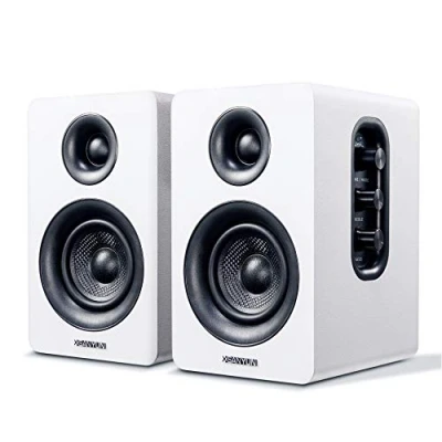 Image de Sanyun SW208 Enceintes d&#039;étagère Bluetooth 5.0 Actives 3&quot; en Fibre de Carbone 60 W DAC 24 Bits intégré Haut parleurs Jeu pour Moniteur d&#039;ordinateur 2.0 (Paire, Blanc)