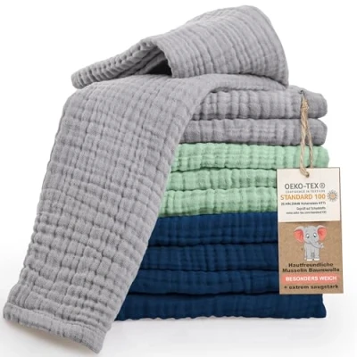 Image de LAYNENBURG Lot de 10 Linge Crachat Premium Bébé en Mousseline Extra Douce 100% Coton 30x50cm Oeko Tex 100 comme Langes Gaze ou Couches Tissu (Multicolore Boy)