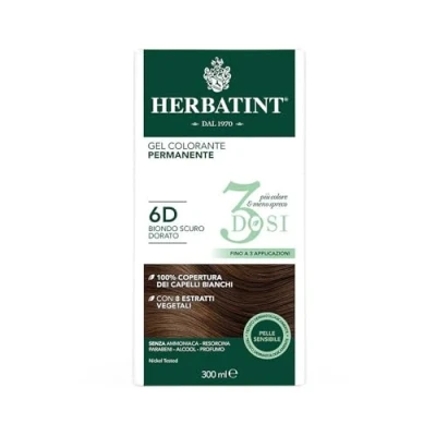Image de Herbatint Gel Colorant Permanent 3Dosi, 300 ml 6D Blond Foncé Doré, Sans Ammoniaque, pour peaux sensibles, 100% Couverture Cheveux Blancs avec 8 Extraits Naturels Bio