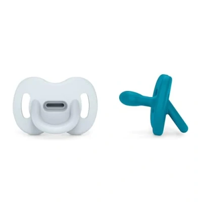 Image de Suavinex, Pack 2 Sucettes Tout Silicone Nouveau nés, Bébé 0/6 Mois et Naissance, avec Tétine Symétrique SX Pro, Réversible, Super Douce Souple, Idéal pour Dormir, Colour Essence, Bleu