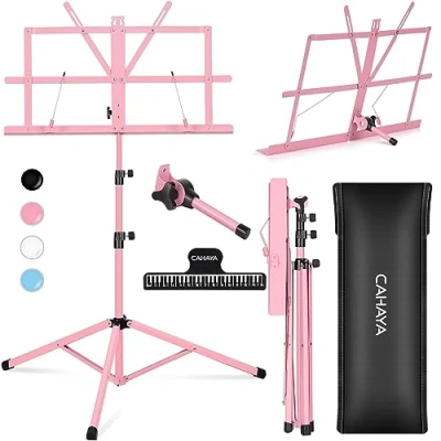 Image de CAHAYA Pupitre en métal portable avec sac de transport, dossier partitions, support pour projecteur, podium portable, ordinateur rose