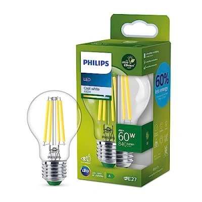 Image de Philips ampoule LED Ultra Efficient Classe A, 60W, culot E27, blanc froid 4000K, transparente, verre