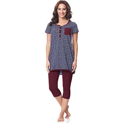 Image de Be Mammy Pyjama Grossesse Maternité Allaitement Ensemble BE20 177 (Bleu Marine Étoiles Bordeaux, XL)