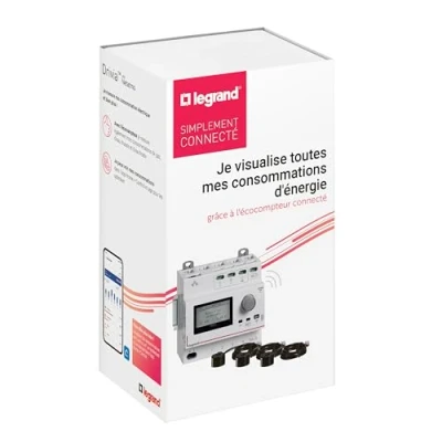 Image de LEGRAND 199119 Pack Ecocompteur connecté Drivia with Netatmo Composé d&#039;un écocompteur modulaire + 3 tores fermés 80A Emballage BTC Gris
