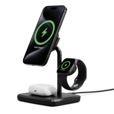 Image de Cygnett ChargeBase Qi2 Chargeur magnétique sans Fil 3 en 1 Charge Rapide pour iPhone, AirPods et Apple Watch