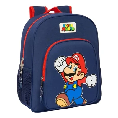 Image de SUPER MARIO World Sac à dos scolaire pour enfant, adaptable au chariot, idéal les enfants d&#039;âge scolaire, confortable et polyvalent, qualité résistance, 32 x 12 38 cm, couleur bleu marine,