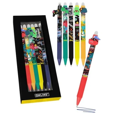 Image de Online 6x stylo roller effaçable set cool, encre gel bleu magiXX Fun, ergonomique avec partie soft grip, rechargeable, ideal pour enfants et l&#039;école, pointe moyenne