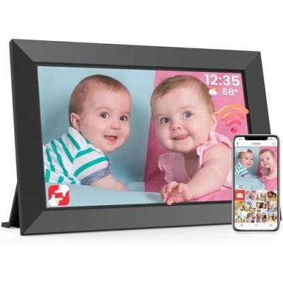 Image de Frameo Cadre Photo Numérique WiFi 10,1 Pouces avec Mémoire Intégrée de 32 Go, Écran Tactile HD 1280x800 IPS pour Partager Photos et Vidéos, Support Multilingue, Rotation Automatique, Montage Mural