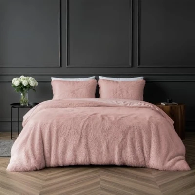 Image de Sleepdown Parure de lit en Polaire Luxe à Poils Longs Imitation Fourrure Rose pâle Super Douce Entretien Facile avec taies d&#039;oreiller King Size (220 x 230 cm)