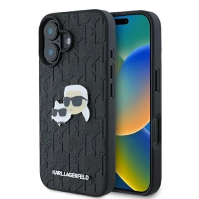 Image de Étui Karl Lagerfeld pour iPhone 16 Plus 6.7 noir étui rigide Monogramme Karl&amp;Choupette Head Pin Neuf