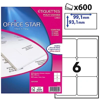 Image de OFFICE STAR 600 Étiquettes Autocollantes Multi Usages Blanches Personnalisables Imprimables Format 99,1 x 93,1 mm Impression Laset Jet d&#039;Encre et Copieur