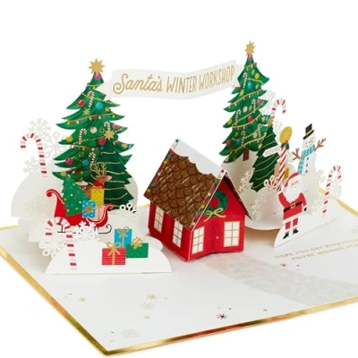 Image de Hallmark carte de Noël, 3D et pop up, Santa&#039;s Workshop, Winter Wonderland, rouge, vert, doré