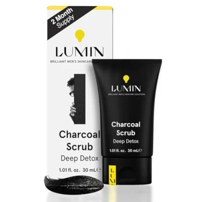 Image de Gommage Exfoliant Visage Lumin pour hommes (30 ml) au charbon actif réduire l&#039;aspect terne, la peau sèche, les taches brunes, points noirs et irritations du rasage