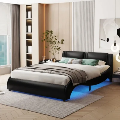 Image de Structure de lit Nouveau Premium sense rembourré 140 * 200cm similicuir avec cadre LED base à lattes noir